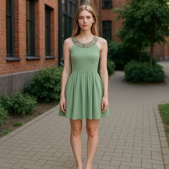 City Studio Seafoam Jewel Neckline Pleated 50’s Vibe Dress Size 5 NWT - Picture 1 of 16